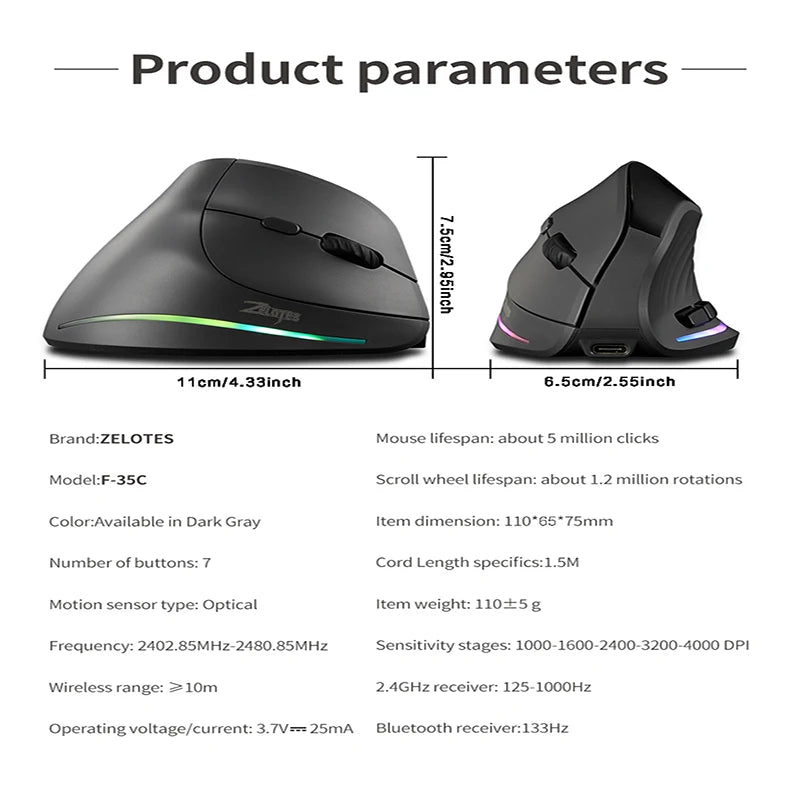 Rato vertical sem fios recarregável com ecrã — rato ergonómico gaming programável de 6 botões para jogador em desktop