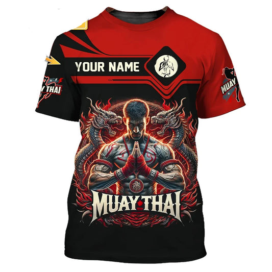 Cool nieuw Muay Thai grafisch T-shirt voor heren, 3D-print met tijger- en drakendesign, persoonlijk T-shirt met aangepaste naam, zomer-, gym- en fitness-T-shirt