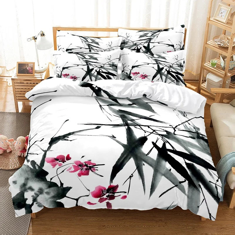 Bambukuvioinen pussilakanasetti, kiinalaistyylinen vuodevaatesetti, nuorten pellavasetti, Queen Size -kokoinen peitonpäällissetti, muodikas vuodevaatesetti