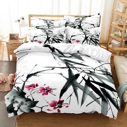 Bambukuvioinen pussilakanasetti, kiinalaistyylinen vuodevaatesetti, nuorten pellavasetti, Queen Size -kokoinen peitonpäällissetti, muodikas vuodevaatesetti