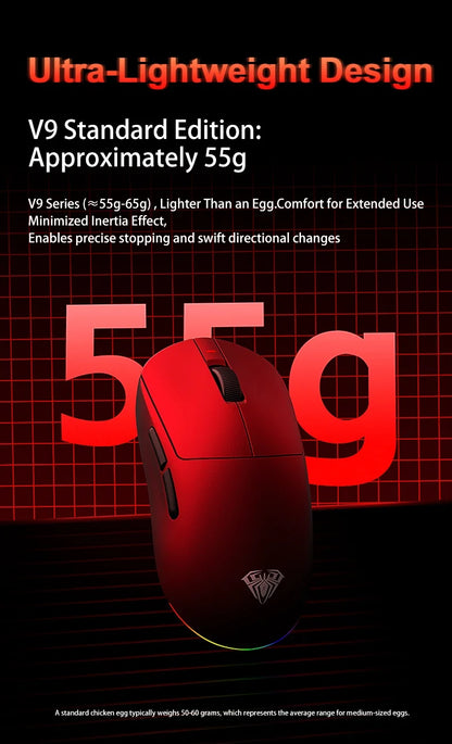 Aula V9 Ultra безжична e-sports гейминг мишка Double 8k 3mode PAW 3950 8k 55g, лека ергономична мишка, персонализиран аксесоар за PC