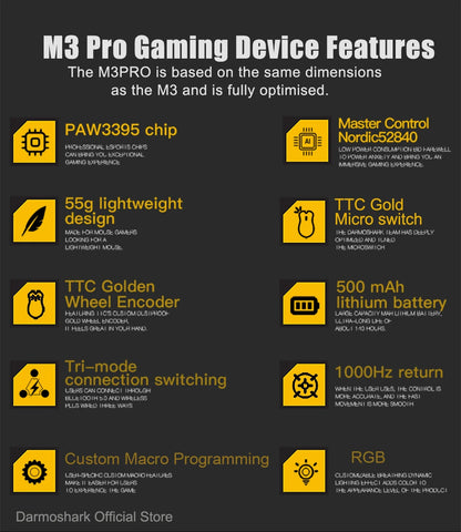 Darmoshark M3Pro Gaming Mouse 2.4G BT Wireless Tri-Mode PAW3395 Sensor N52840 26000DPI Big Hand Macro Driver Mouse For Gaming