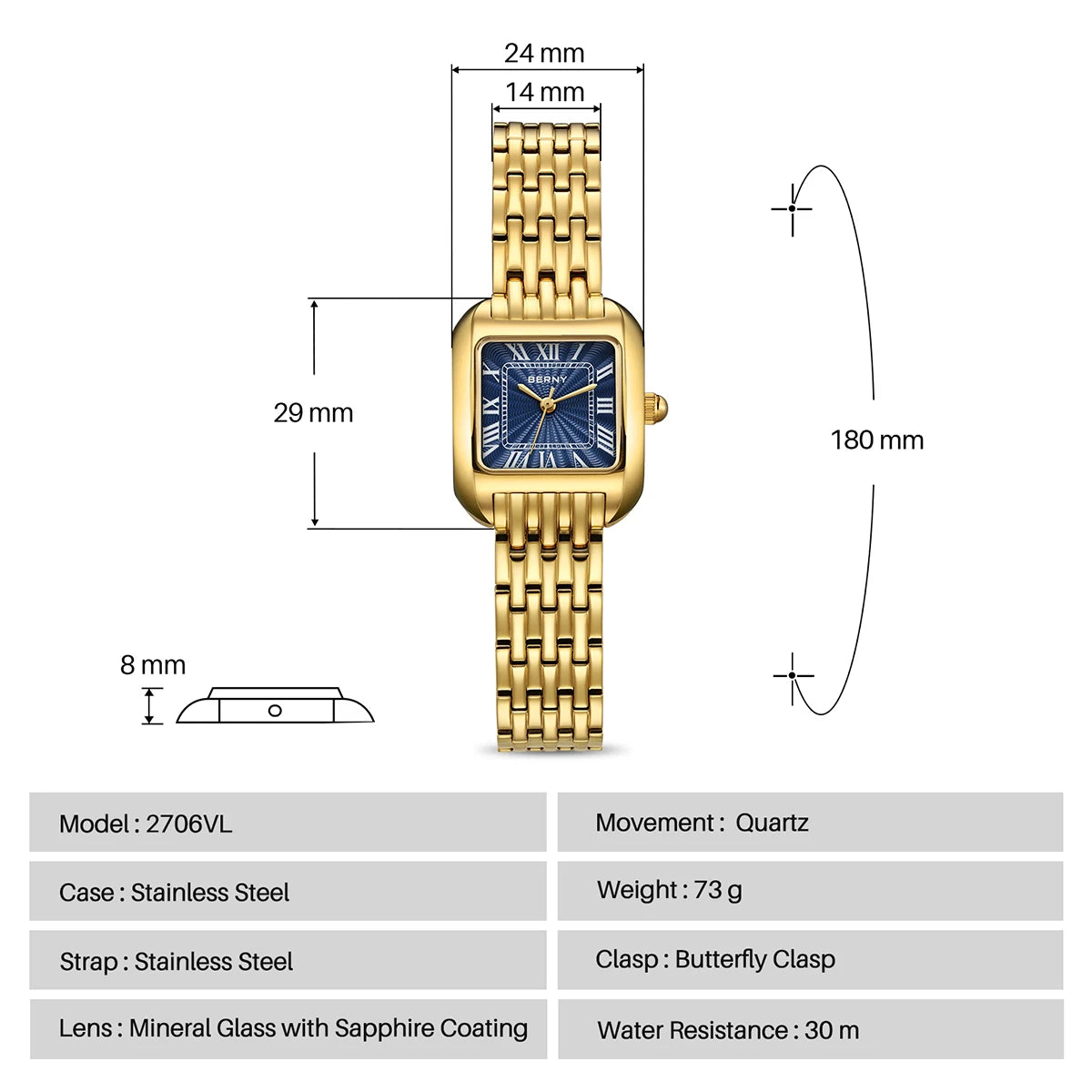 BERNY Gold Watch for Women Luxury Brand Square Ladies Quartz Watches New In Top Quality Fashion Elegant Business S/S Wristwatch