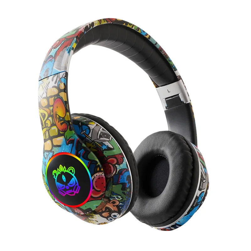 Auscultadores Gaming Bluetooth Sem Fios New Graffiti LX-8686 com Microfone, Iluminação LED, Suporte para Cartão TF, Graves Profundos e Design Over-Ear para PC, Gaming e Crianças