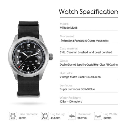 Militado ML08 Vintage Quartz Watch Ronda 515 Movement Ar Sapphire Mirror 38Mm Wrist Watch Date Super Luminous Waterproof Watches