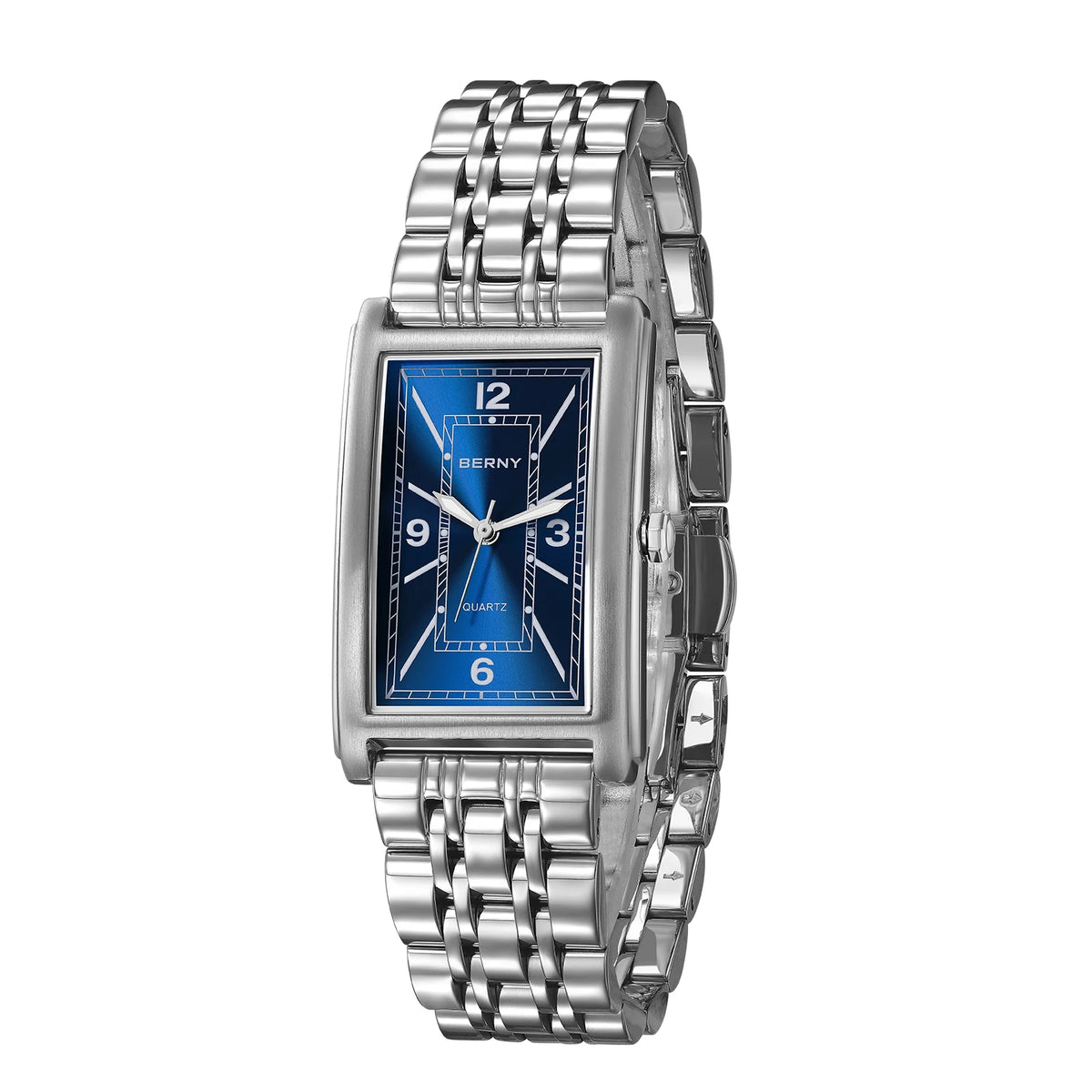 Montre carrée pour homme BERNY – Mouvement à quartz, cadran à chiffres romains, affichage luminescent, boîtier en acier inoxydable 316L – Montre rectangulaire élégante et décontractée