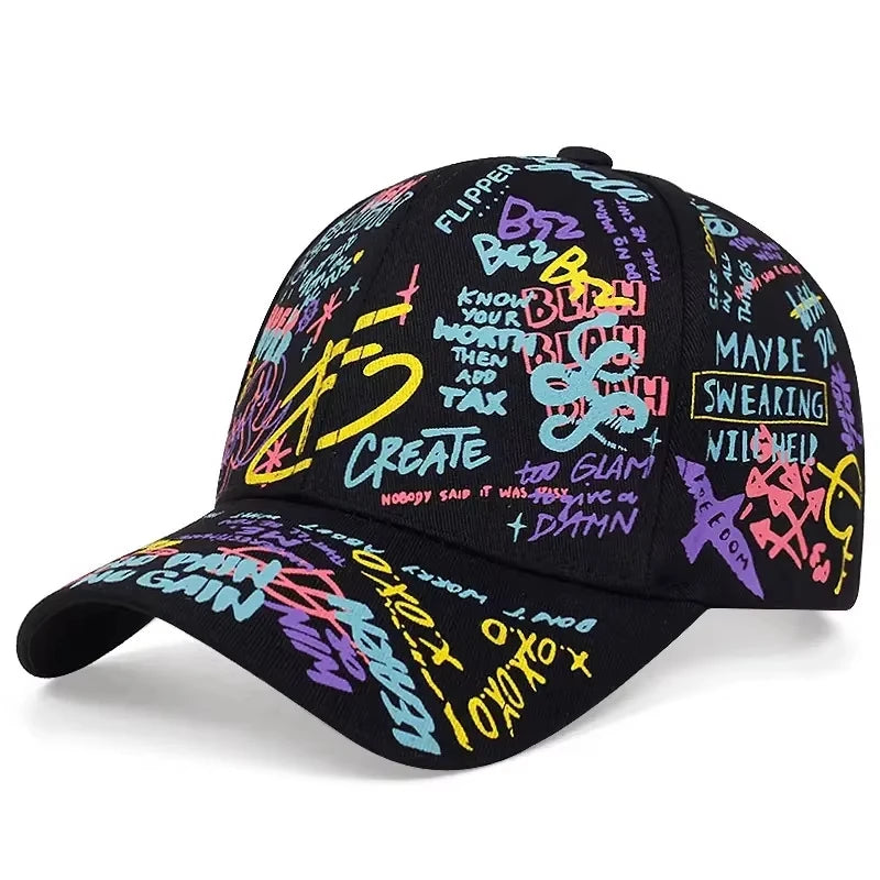 Baseballkasket med modegraffiti-print, udendørs bomuldskasket, hat til mænd og kvinder, sommer-solhatte, justerbare hiphop-kasketter