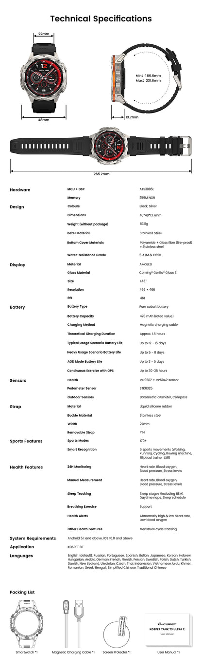 KOSPET TANK T3 Ultra 2 GPS Smart Watch for Men Bluetooth Call 5ATM IP69K Waterproof Men's Watch Stainless Steel Health Monitor