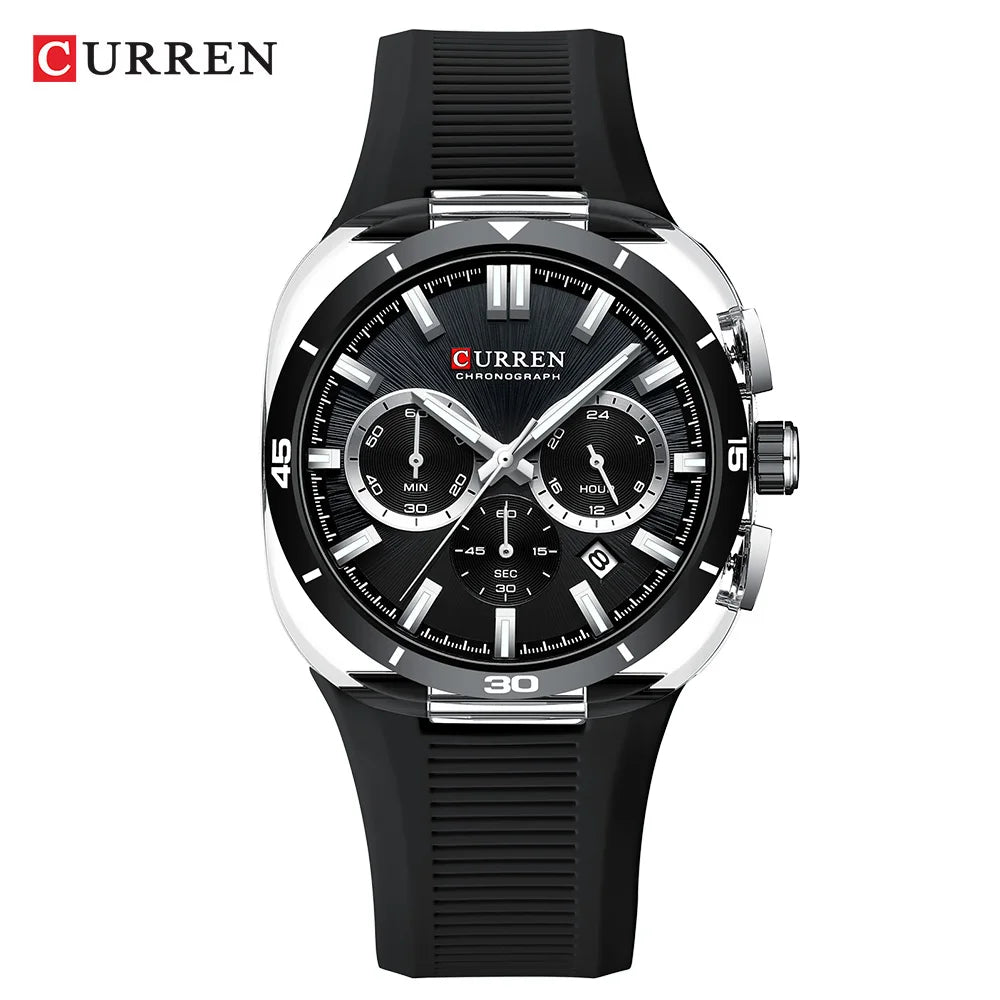 Montre pour homme CURREN – Nouveau modèle de luxe à quartz, bracelet en silicone, style sportif, multifonction, étanche, lumineuse, avec affichage de la date et chronomètre.