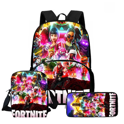 Conjunto de Mochila Fortnite Cartoon de 3 Peças Unissexo para Rapazes e Raparigas, Mochila com Bolso Frontal, Mala a Tiracolo e Estojo, Presente Ideal