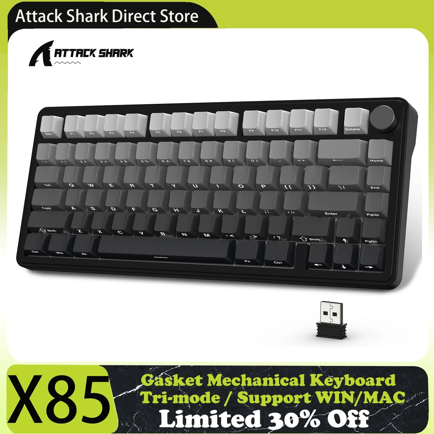 Teclado mecánico ATTACK SHARK X85 Tri-mode Gasket 75% con perilla CNC, acolchado de 5 capas, hot-swappable, retroiluminación RGB y NKRO