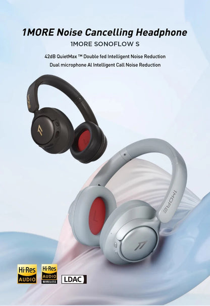 Cuffie wireless Bluetooth con cancellazione del rumore 1MORE SonoFlow S 42dB ANC Audio Hi-Res 90H di autonomia headset over-ear