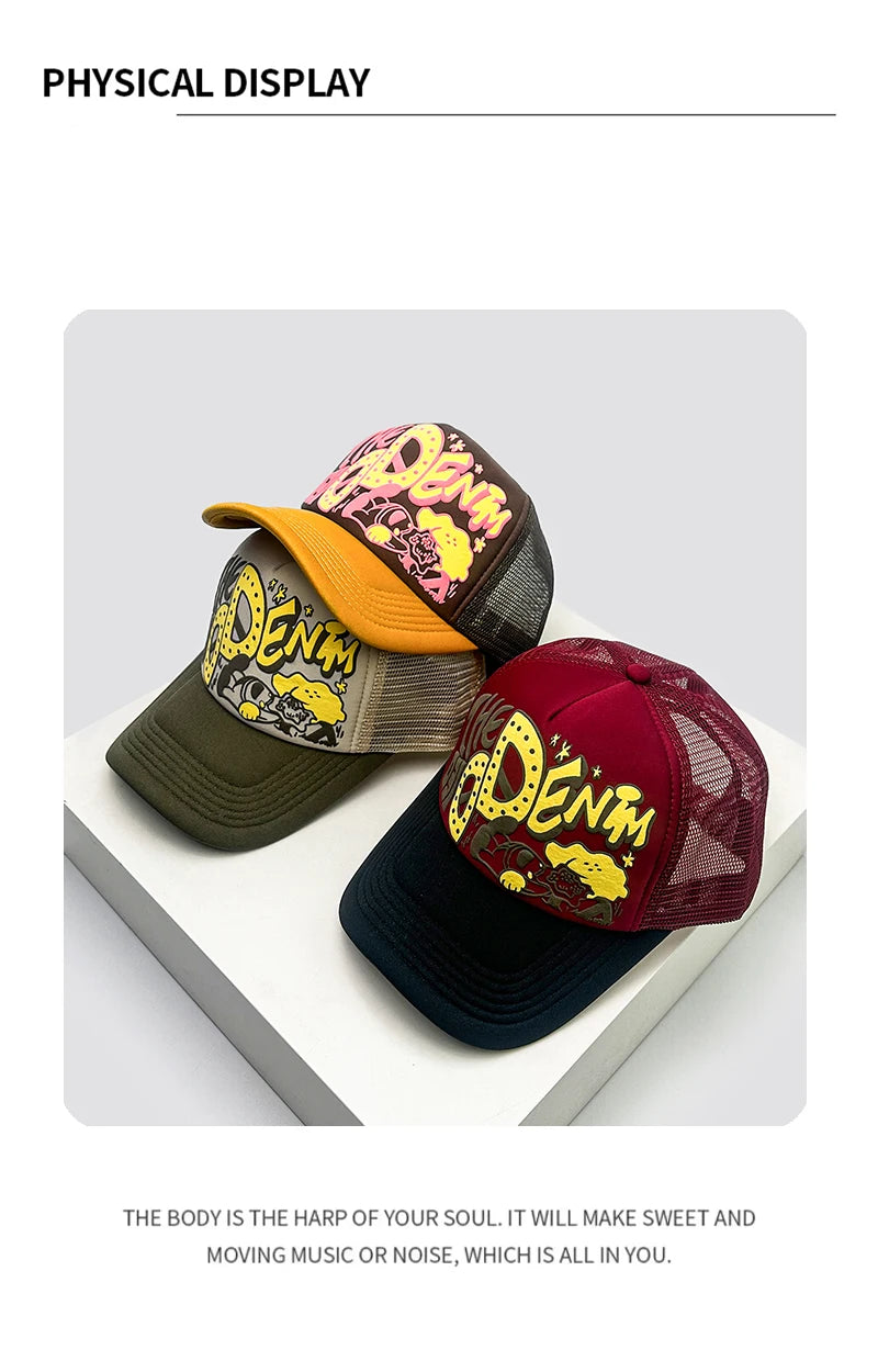 Casquettes de baseball unisexes originales imprimées en 3D avec lettres, casquettes de camionneur respirantes à motifs colorés et à visière pare-soleil, en maille polyvalente