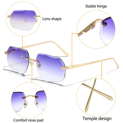 CATERSIDE Fashion Frameless Men's Sunglasses with Design Sense Lenses Metal Temple Sunglasses Women's Party Travel Sunglasses