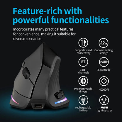 Rato vertical sem fios recarregável com ecrã — rato ergonómico gaming programável de 6 botões para jogador em desktop