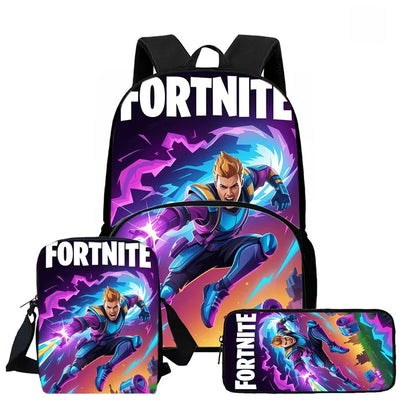 Conjunto de Mochila Fortnite Cartoon de 3 Peças Unissexo para Rapazes e Raparigas, Mochila com Bolso Frontal, Mala a Tiracolo e Estojo, Presente Ideal