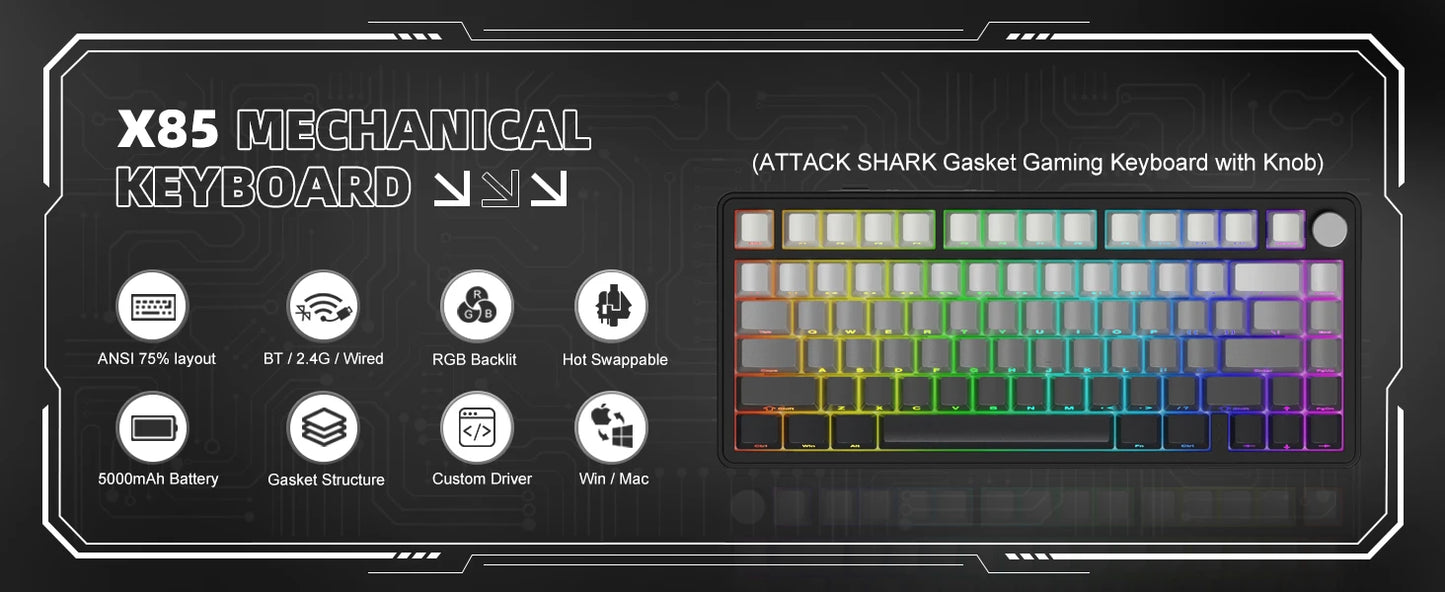 Teclado mecánico ATTACK SHARK X85 Tri-mode Gasket 75% con perilla CNC, acolchado de 5 capas, hot-swappable, retroiluminación RGB y NKRO