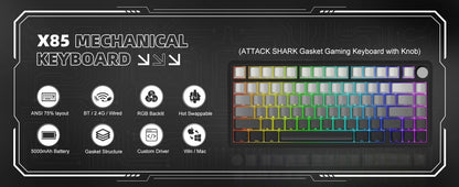 Teclado mecánico ATTACK SHARK X85 Tri-mode Gasket 75% con perilla CNC, acolchado de 5 capas, hot-swappable, retroiluminación RGB y NKRO