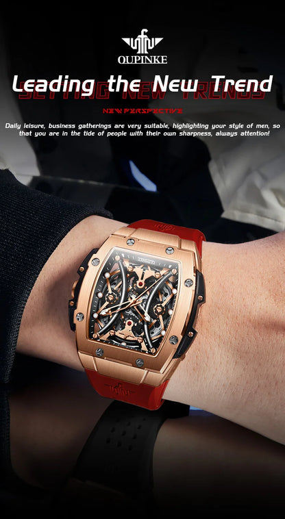 OUPINKE Herrenuhr – klassische Luxus-Armbanduhr mit Tonneau-Zifferblatt, Original-Topmarke, automatische mechanische Uhr, Silikonarmband, Saphirglas, neu
