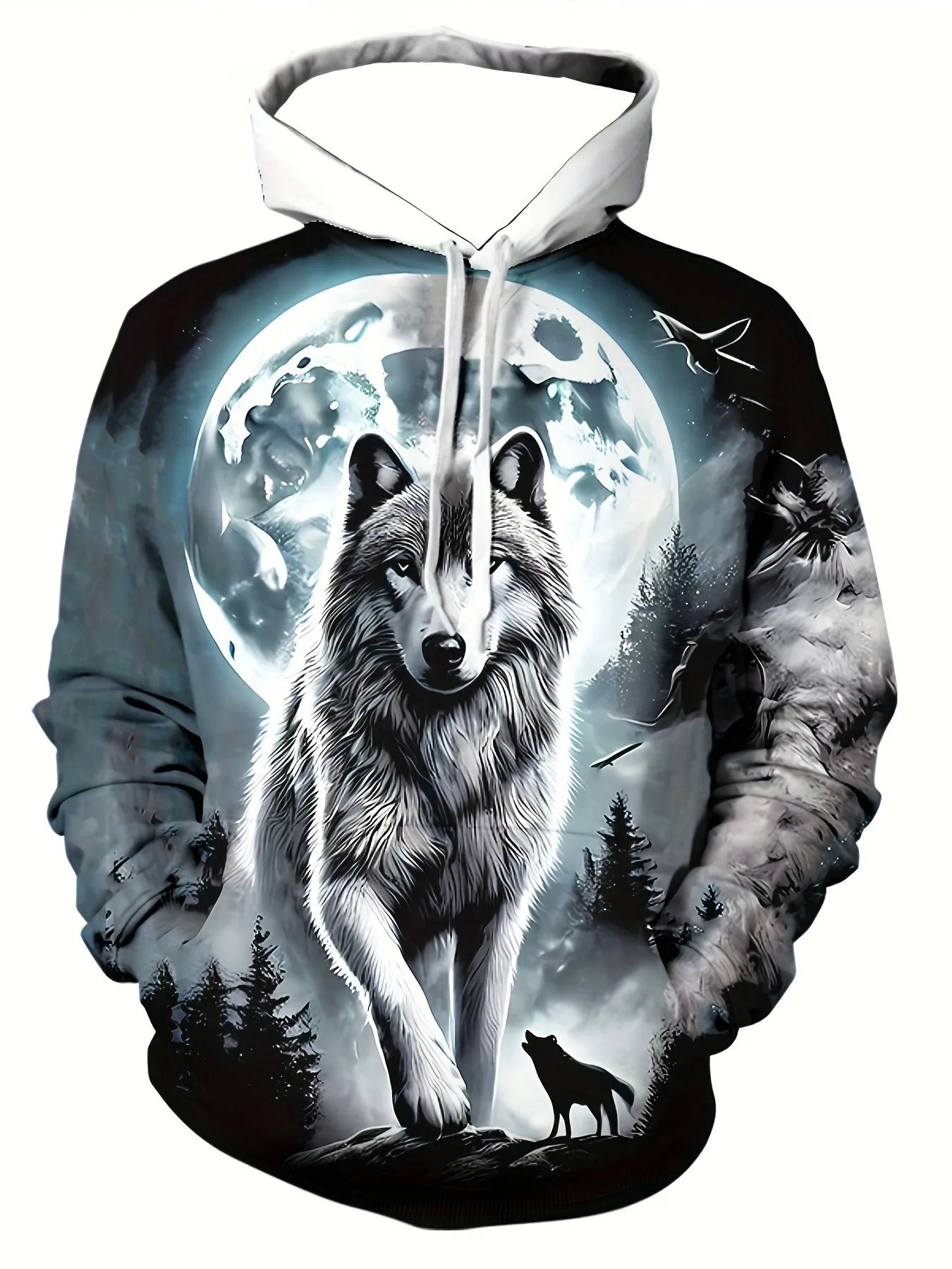 European and American Men's Autumn Fashion Wolf Print Soft and Comfortable Hooded Sweatshirt Outdoor Urban High Street Clothing