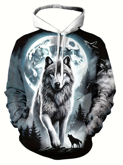 European and American Men's Autumn Fashion Wolf Print Soft and Comfortable Hooded Sweatshirt Outdoor Urban High Street Clothing