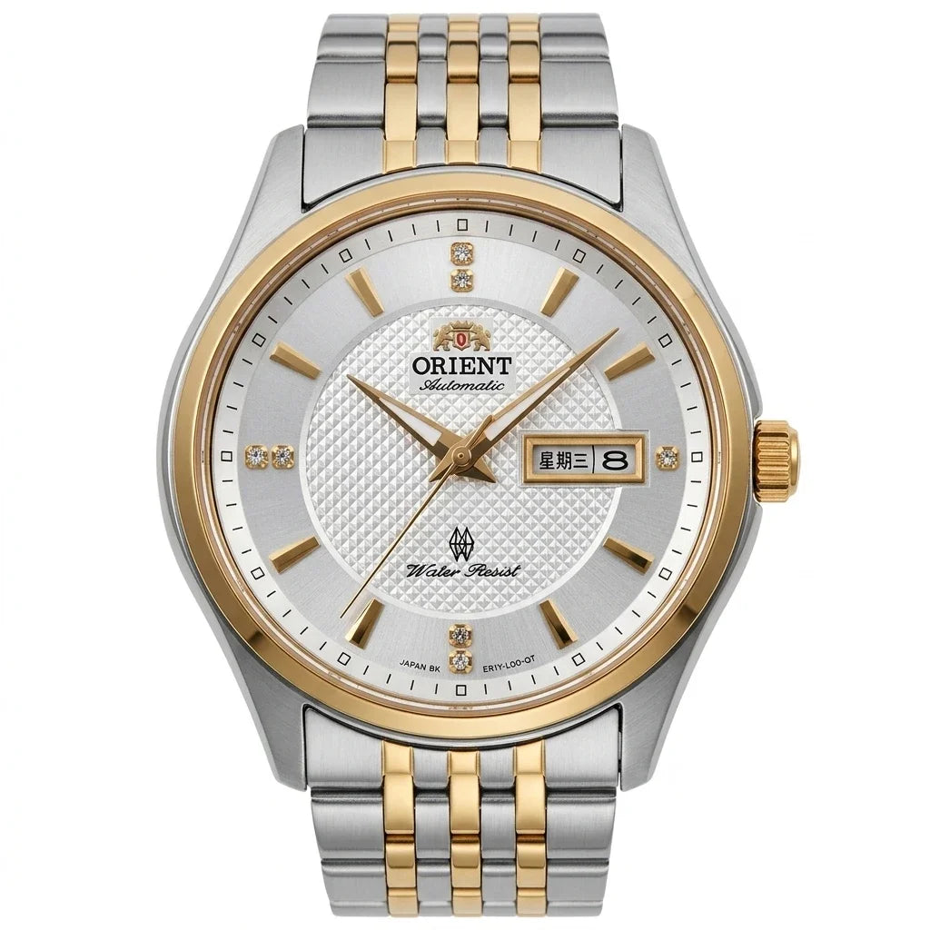 Montre mécanique automatique pour homme Orient, avec double calendrier (date et jour de la semaine), index en cristal et bracelet en acier inoxydable – Montre-bracelet de style professionnel