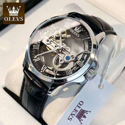 Montre mécanique automatique pour homme OLEVS 6661 – Modèle squelette entièrement transparent avec volant apparent, bracelet en cuir, montre de luxe originale pour homme