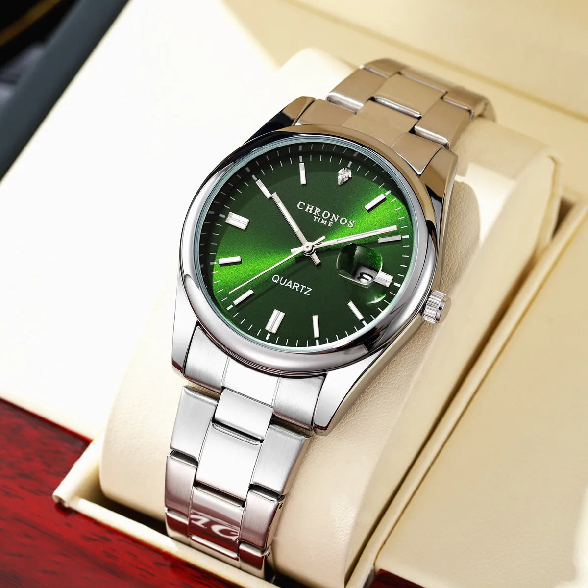 CHRONOS herenpolshorloge – Luxemerk, waterdicht, verlicht, met datumweergave, van roestvrij staal, met quartz-uurwerk.