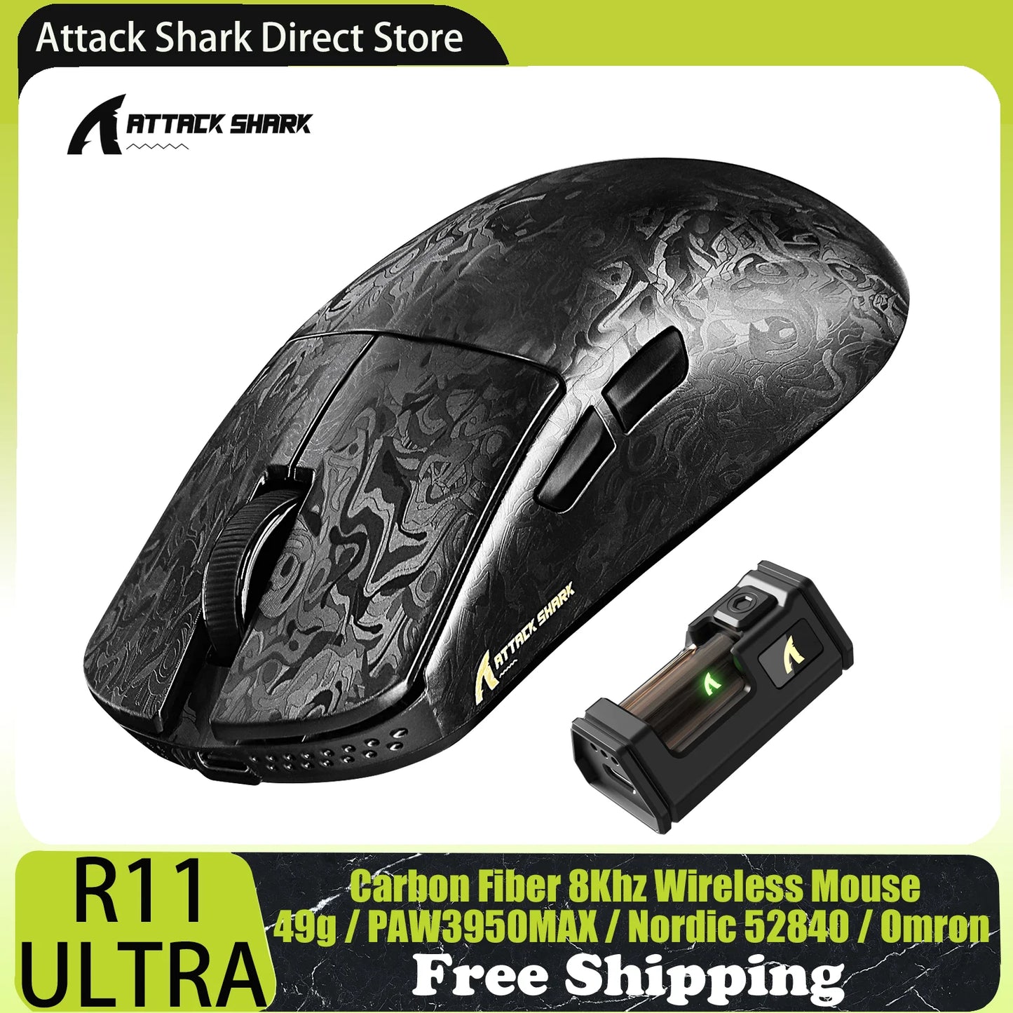 Ratón gaming inalámbrico ATTACK SHARK R11 ULTRA de fibra de carbono, 8000Hz, PAW3950MAX, 42000DPI, ultraligero de 49g, 20000FPS, Nordic 52840
