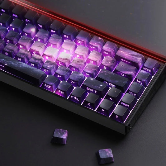 Teclas PBT transparentes con degradado galaxia morado y grabado lateral, 135 teclas, compatibles con teclado mecánico de 60/64/84/98/108 teclas