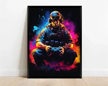 Póster Néon de Personagem de Videojogo com Gamepad, Auscultadores, Futebol e Basquetebol em Tela — Arte de Parede para Decoração de Quarto Gaming