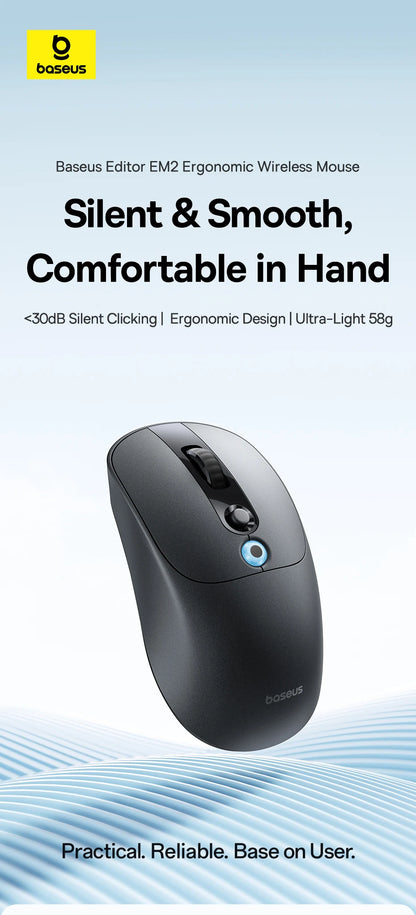 Baseus EM2 Ergonomic Wireless Mouse Bluetooth 5.3 Rechargeable Silent Mouse, Ultra-Light Bluetooth & 2.4G Wireless Mouse with Customizable Buttons, 4000 DPI Type-C Charging