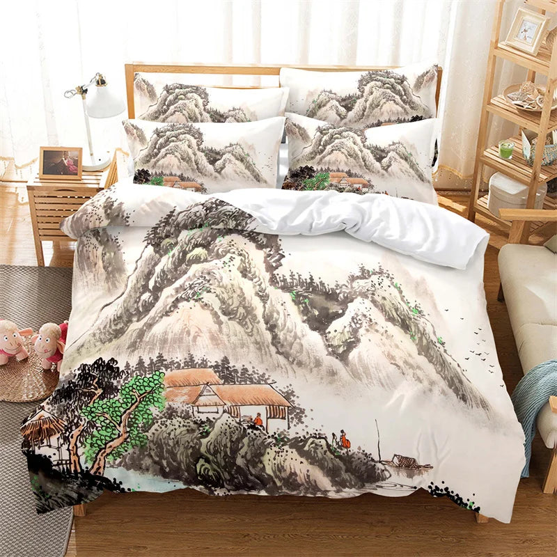 Bambukuvioinen pussilakanasetti, kiinalaistyylinen vuodevaatesetti, nuorten pellavasetti, Queen Size -kokoinen peitonpäällissetti, muodikas vuodevaatesetti