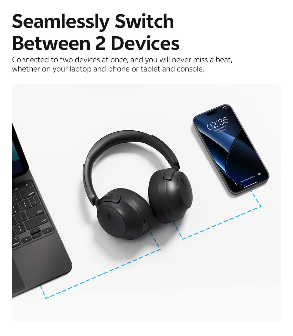 Casque sans fil Bluetooth 6.0 QCY BH25H3SA avec audio spatial 3D, réduction de bruit active adaptative -56 dB, haut-parleur de 53 mm, casque pliable supra-auriculaire