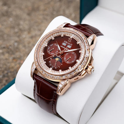 OBLVLO Men's Automatic Watch 40mm Mechanical Wristwatch 5ATM Luminous Crystal Bezel Year, Month, Week, Date, 24 Hours TY1655 Movement