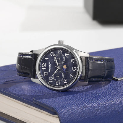 BERNY Watches for Men Moon Phase Quartz Men's Watch Day and Date Calendar Easy Read Vintage-Style Business Dress Wristwatch