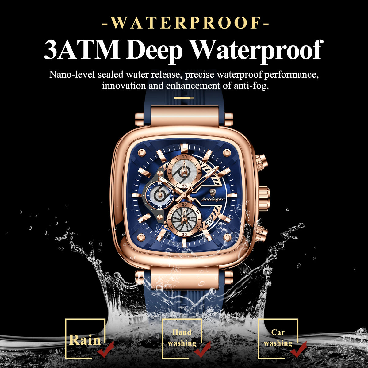 POEDAGAR Square Sport Man Wristwatch Date Waterproof Luminous Chronograph Watch For Men Silicone Strap Men's Quartz Watches Male