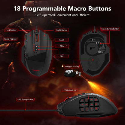 E-YOOSO X-39 programmierbare Gaming-Maus, kabelgebundene RGB-Maus mit 18 Tasten, 8 herausnehmbaren Gewichten, 5 DPI-Stufen, ergonomischem Griff für Computer