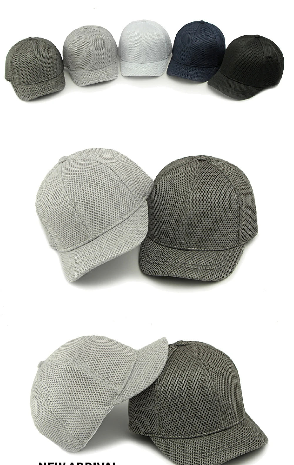 HT4828 Gorra de béisbol de ala corta de 5 cm para hombre, 6 paneles, gorra de béisbol de malla transpirable, gorra tipo «trucker», para hombre y mujer, lisa, sin estampados, con cierre a presión