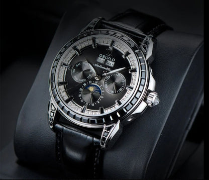 OBLVLO Men's Automatic Watch 40mm Mechanical Wristwatch 5ATM Luminous Crystal Bezel Year, Month, Week, Date, 24 Hours TY1655 Movement