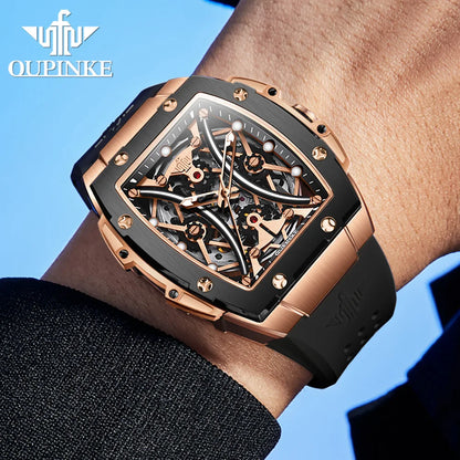 OUPINKE Herrenuhr – klassische Luxus-Armbanduhr mit Tonneau-Zifferblatt, Original-Topmarke, automatische mechanische Uhr, Silikonarmband, Saphirglas, neu