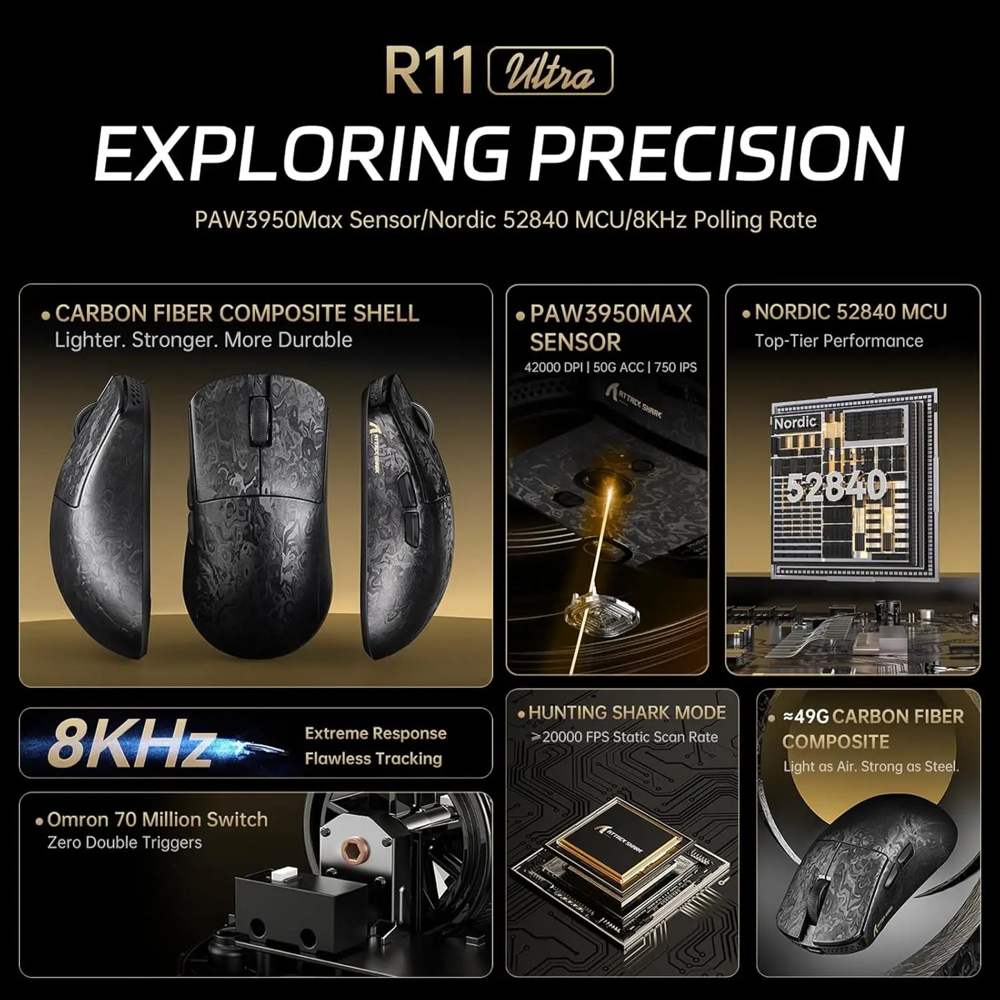 ATTACK SHARK R11 ULTRA 49g kulfiber 8000Hz trådløs gamingmus, 42000 DPI, 20000 FPS, PAW3950MAX, Nordic 52840-chip