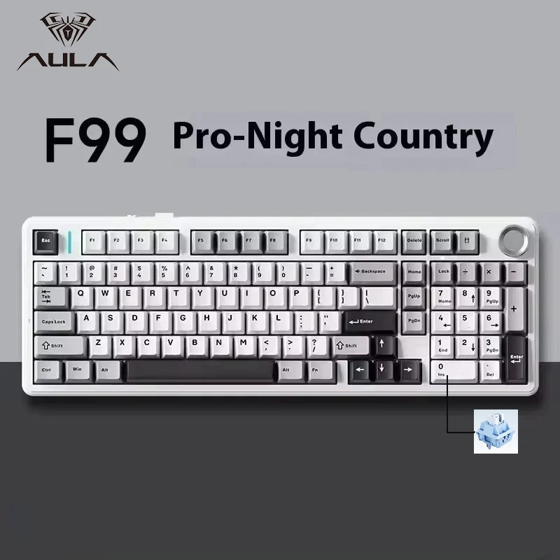 Tastiera meccanica gaming AULA F99PRO 99 tasti, tri-mode wireless, hot-swappable, struttura gasket, tastiera personalizzabile con manopola multimediale