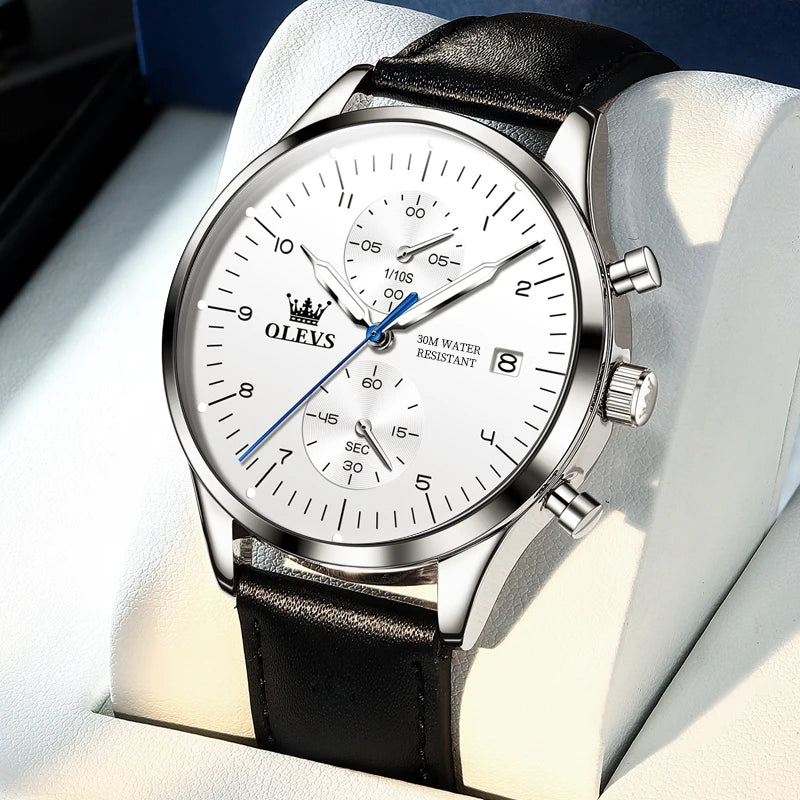 Pánske hodinky OLEVS 2880 – Elegantný a minimalistický chronograf, kožený remienok, automatické zobrazovanie dátumu, vodotesné, luminiscenčné ručičky, quartzový strojček.