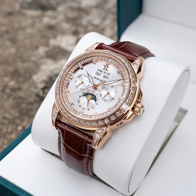 OBLVLO Men's Automatic Watch 40mm Mechanical Wristwatch 5ATM Luminous Crystal Bezel Year, Month, Week, Date, 24 Hours TY1655 Movement