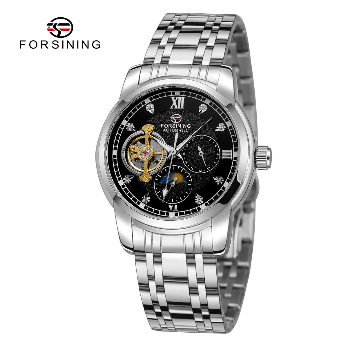 Montre mécanique automatique pour homme Forsining – Style luxe, business et mode, bracelet en métal, tourbillon, aiguilles luminescentes, ornée de diamants artificiels