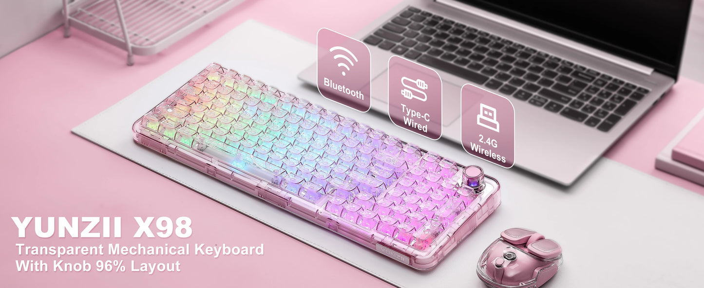 YUNZII X98 Pink QMK/VIA Wireless Transparent RGB Keyboard, Hot-Swap Gasket Mechanical Gaming Keyboard, Pre-lubed Knob Keyboard