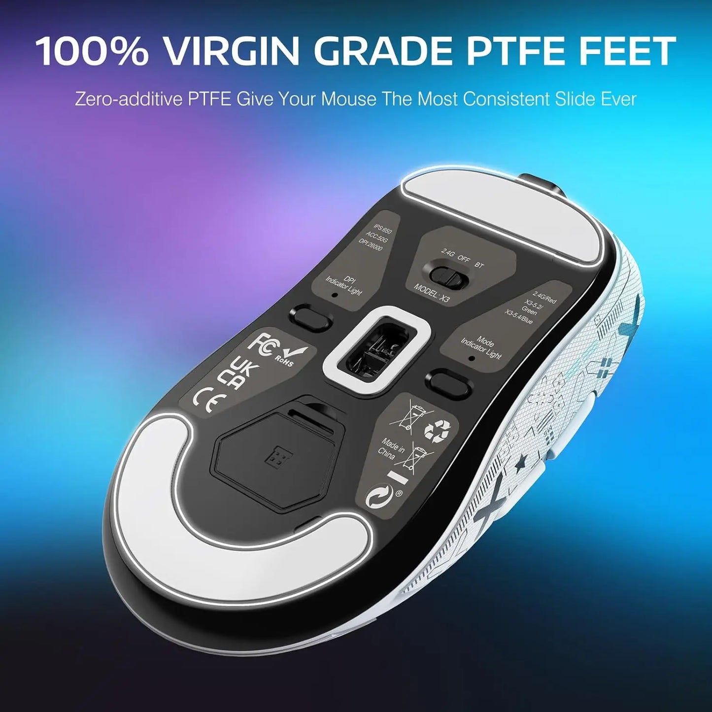 Mouse gaming wireless leggero ATTACK SHARK X3, 49g, tri-mode, sensore PAW3395 da 26K DPI, autonomia di 200h, 5 pulsanti programmabili
