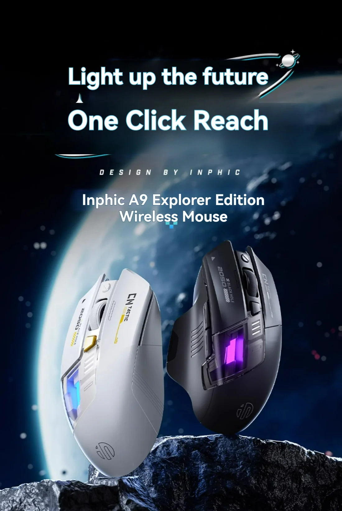 Mouse da gioco Inphic A9 Pro tri-mode, indicatore di alimentazione con guida luminosa colorata, DPI regolabili, macro driver, ergonomico, 12800DPI