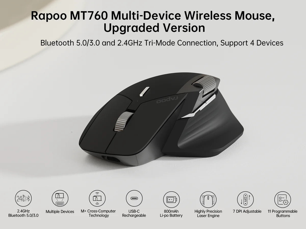 Rato Sem Fios Recarregável Multimodo Rapoo MT760L/MT760M Ergonómico 4000 DPI com Suporte até 4 Dispositivos Bluetooth